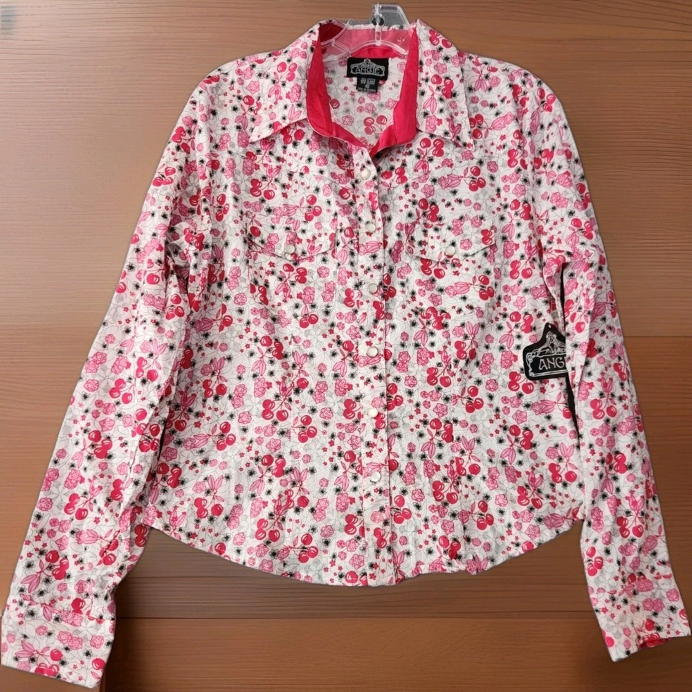 Angie Western Wear Shirt Pearl Snap Buttons Cherry Print Cowgirl Rodeo Sz M‎ NWT